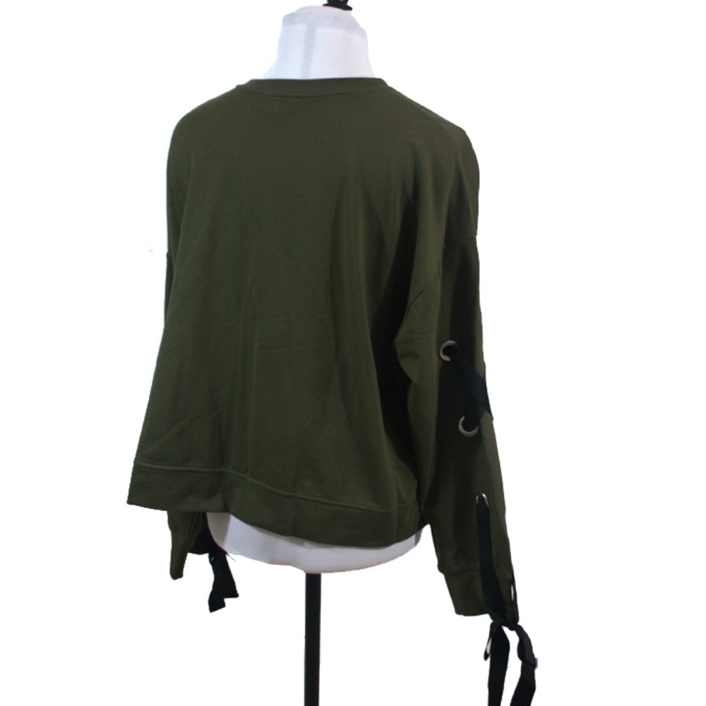 French Terry Lace-Up Green Long Sleeve Sweater - Picture 5 of 9